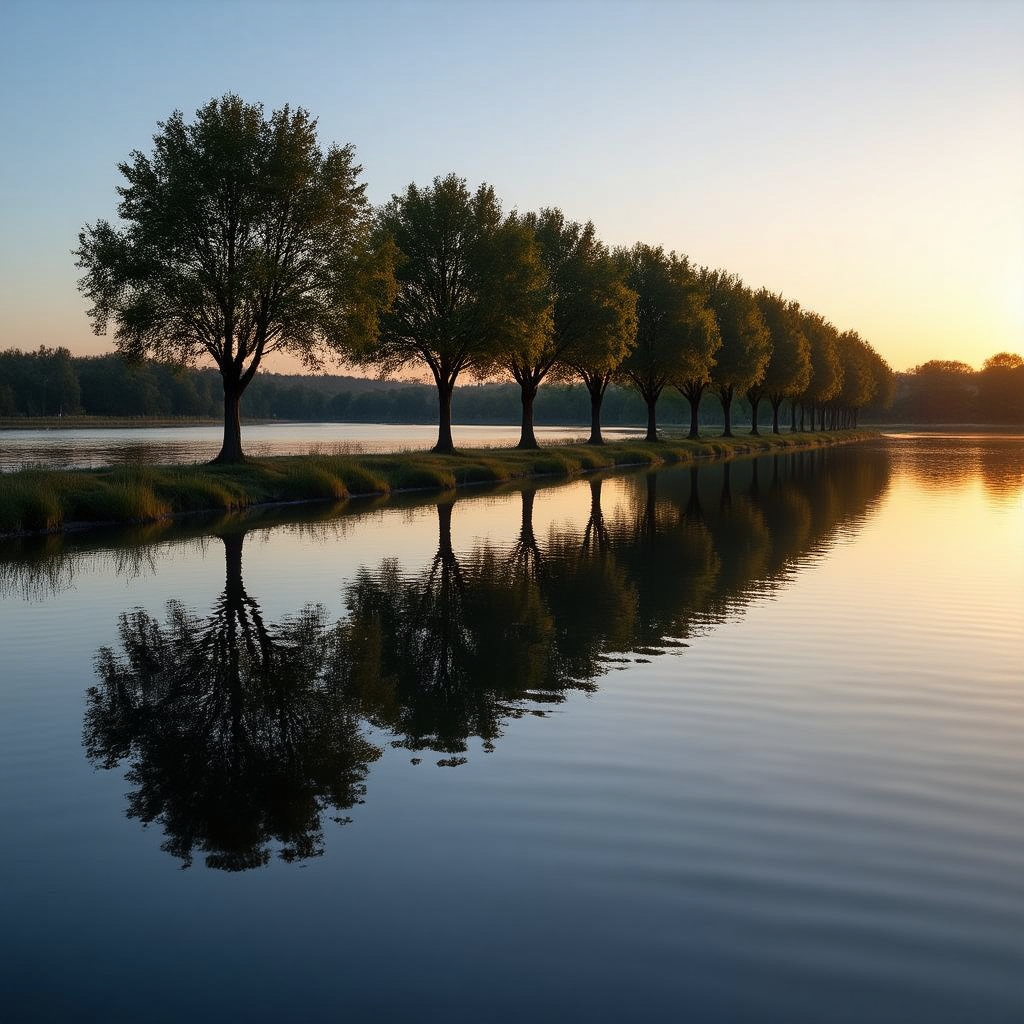 A row of trees reflected in a calm lake at sunset, with the 
