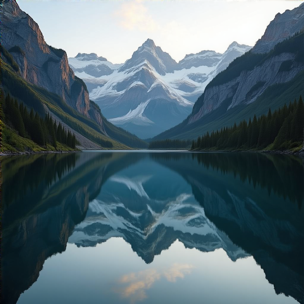 A mountain range reflected in a still alpine lake, with the 