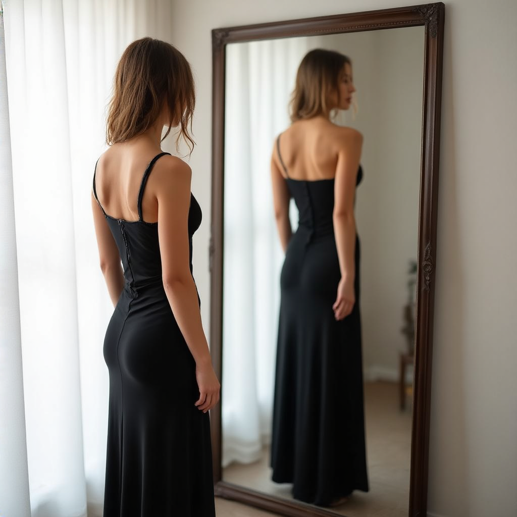 A woman standing in front of a full-length mirror, her refle