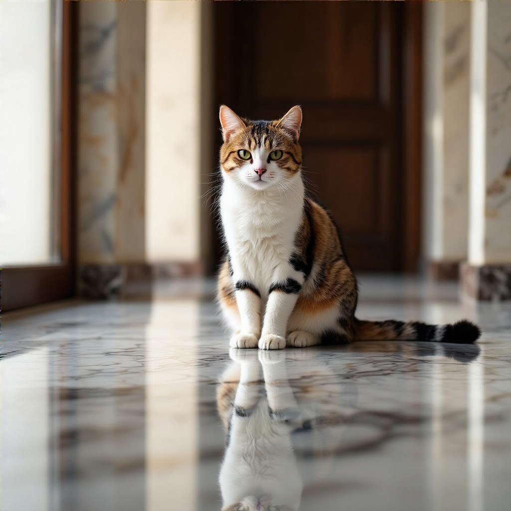 A cat sitting on a polished marble floor with its reflection