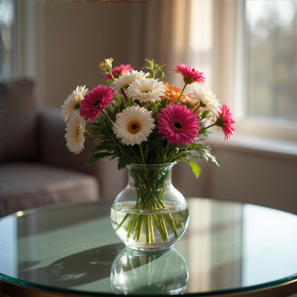 A vase of flowers on a glass table with a clear reflection v