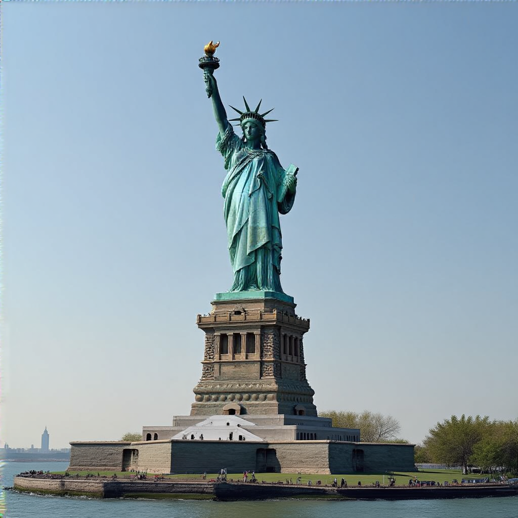 The Statue of Liberty on her island pedestal, with correct t