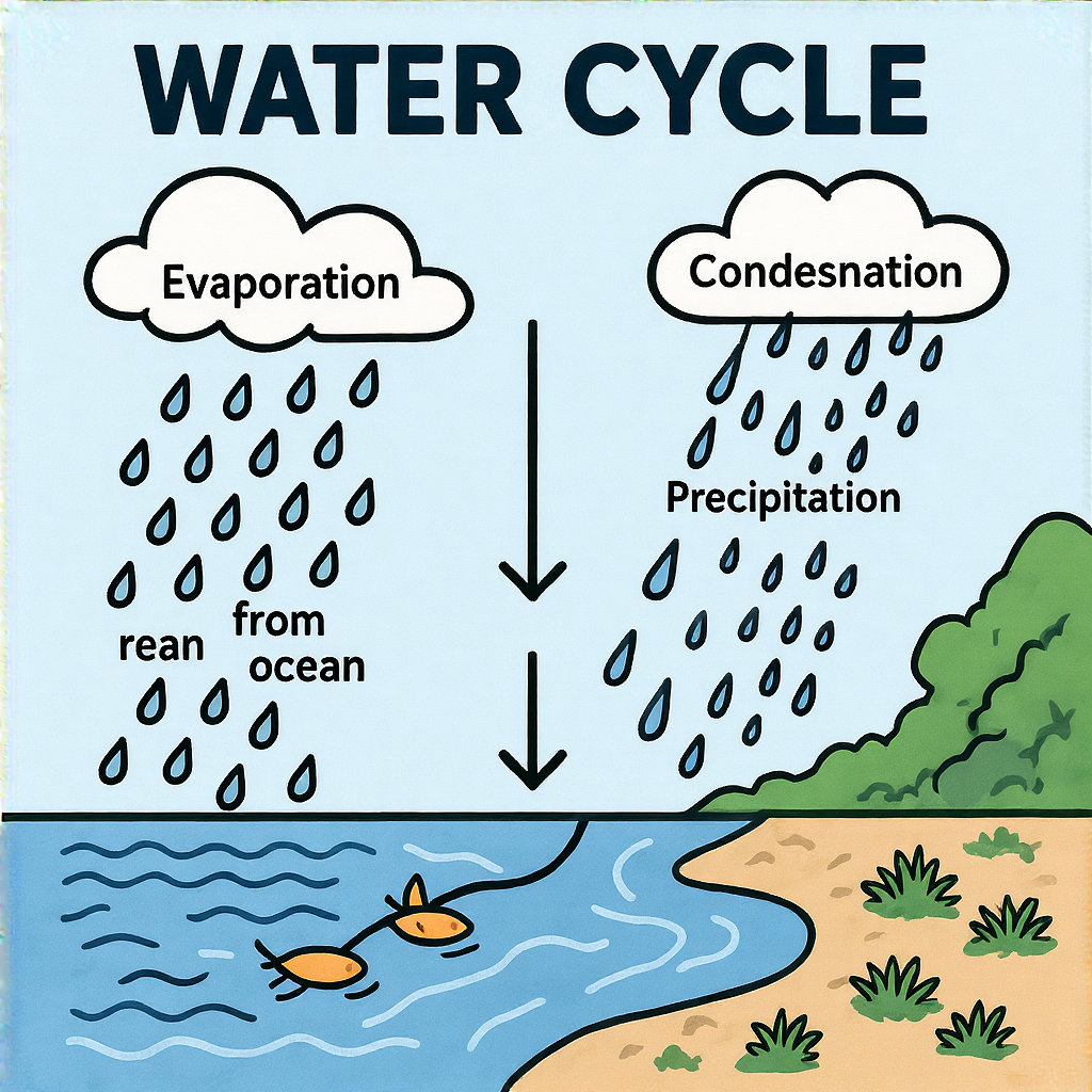 A detailed diagram of the water cycle showing evaporation fr