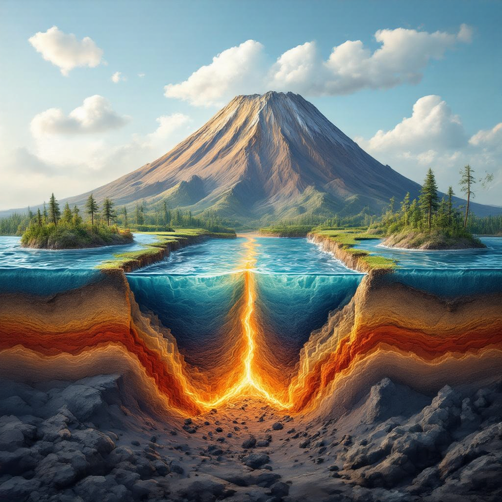 A cross-section showing tectonic plates at a convergent boun