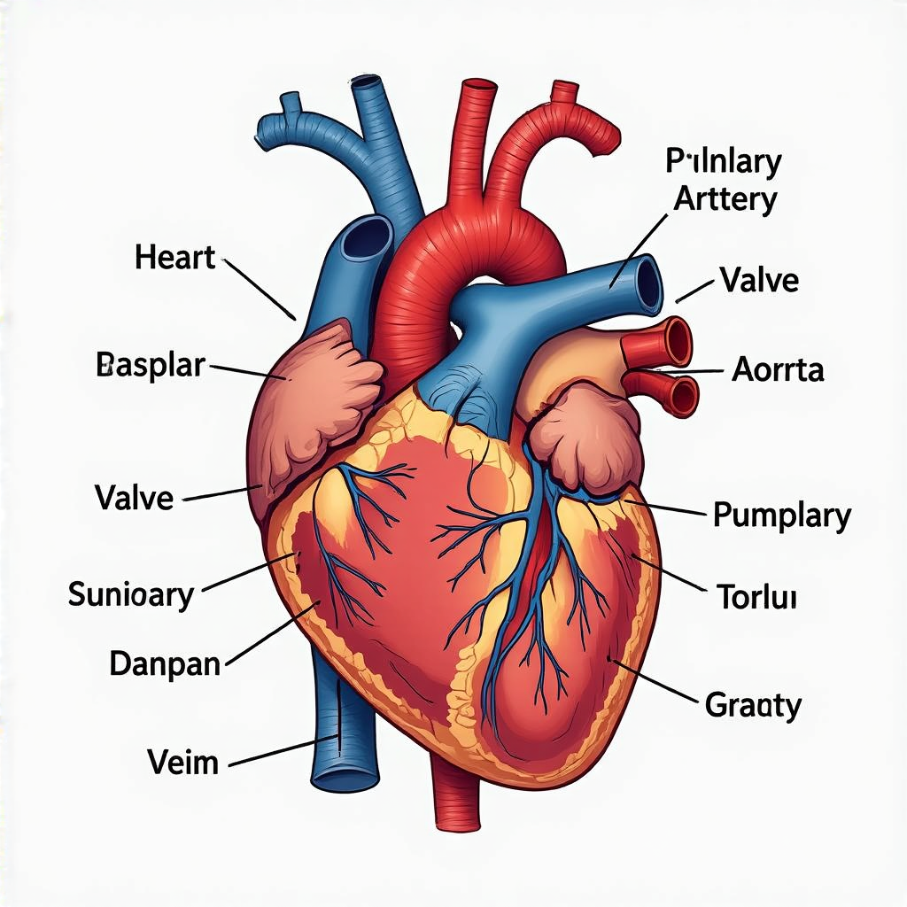 An anatomical illustration of the human heart showing four c