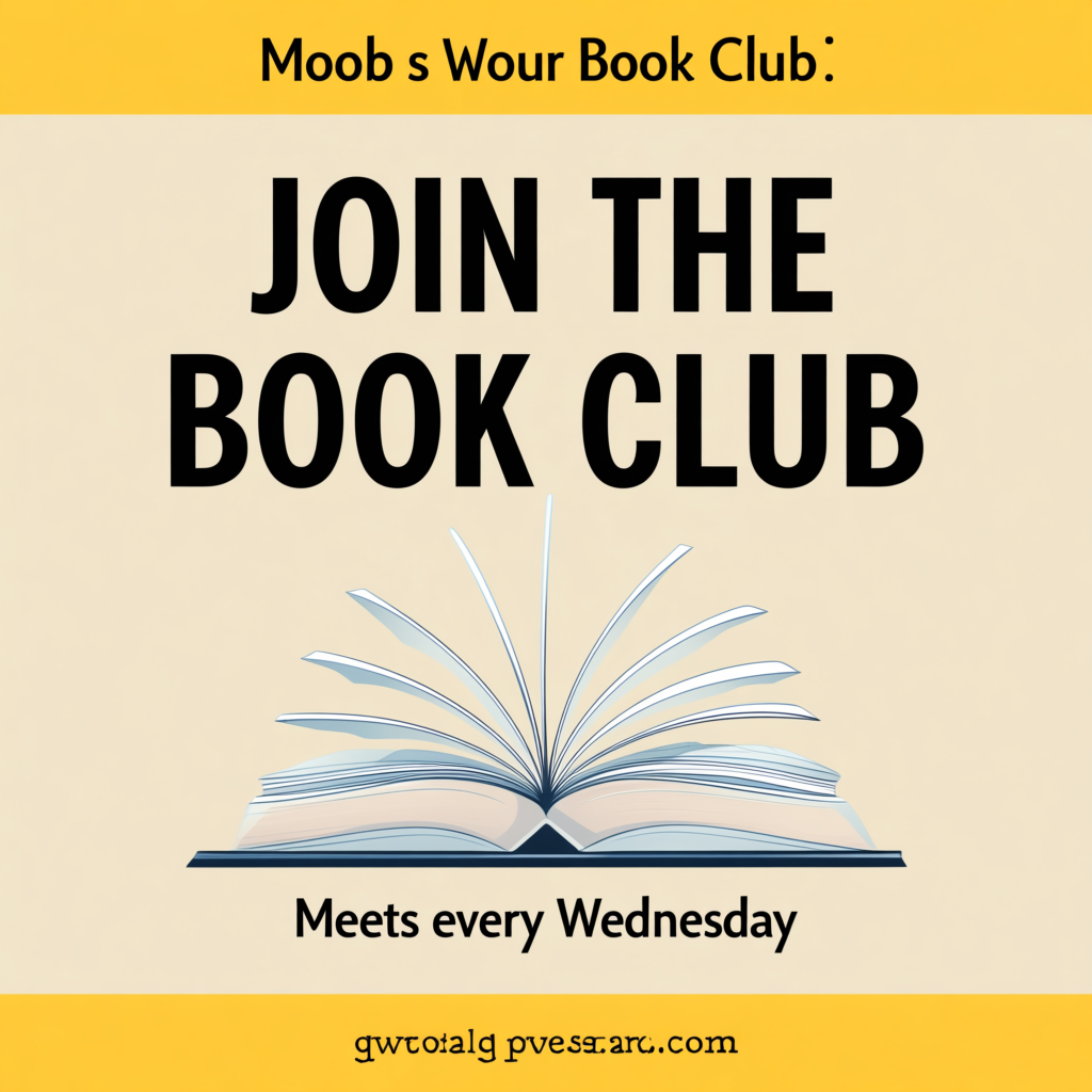 A book club poster with an open book illustration, the title