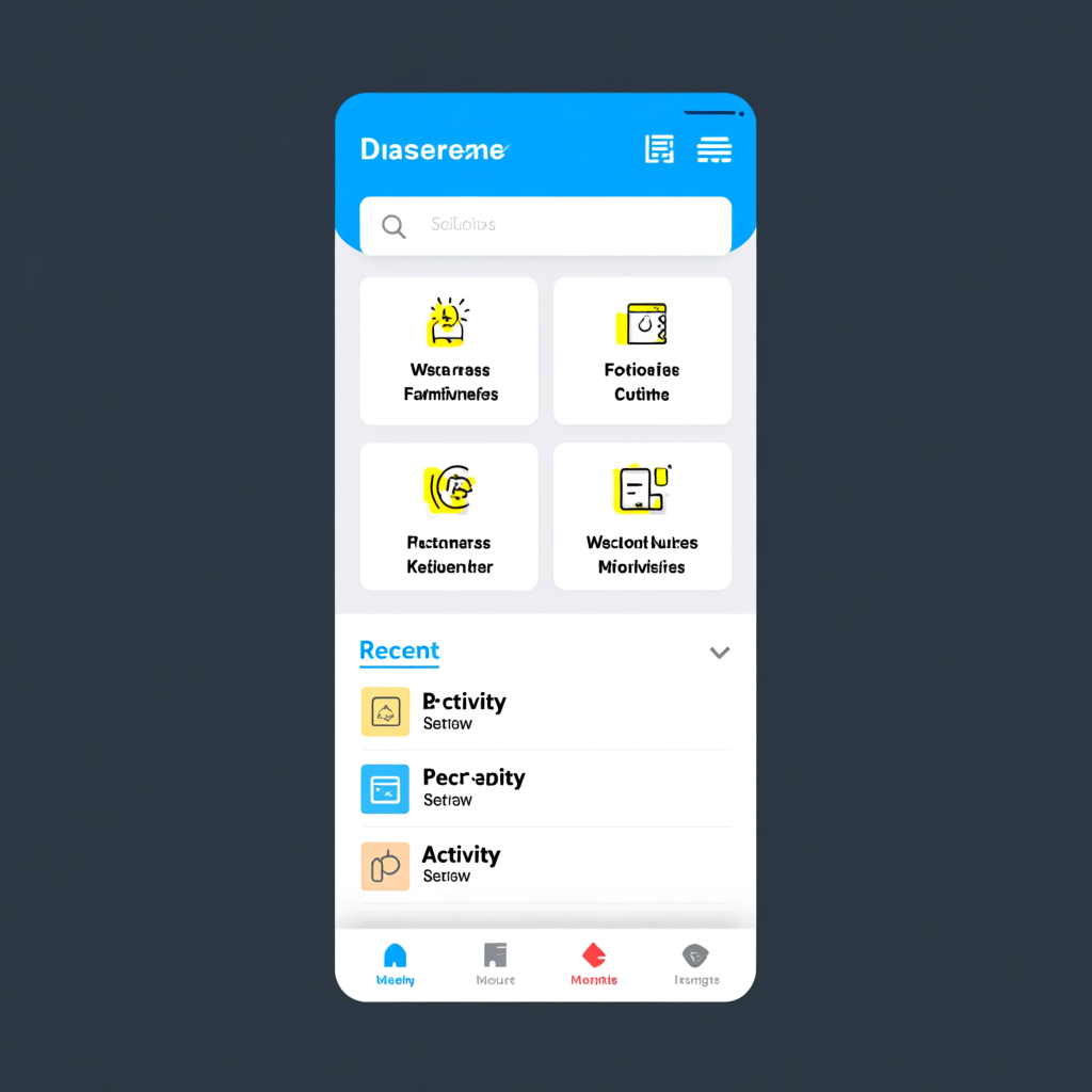A mobile app UI mockup showing a dashboard with a top naviga