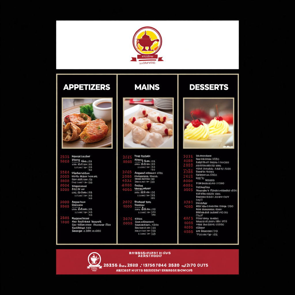 A restaurant menu layout with a logo header, three category 