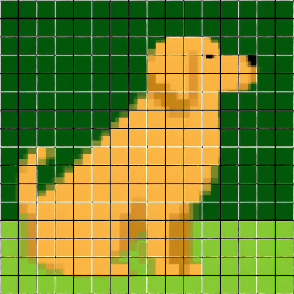 A golden retriever sitting in a garden, rendered in pixel ar
