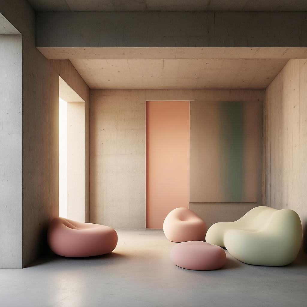 An interior scene rendered in soft brutalism — raw concrete 