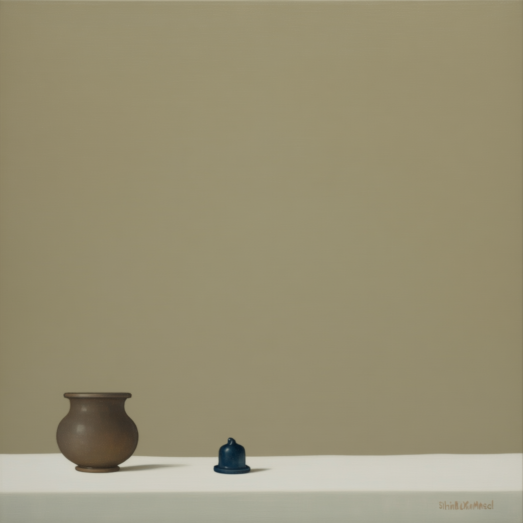A still life painted in anxious minimalism — sparse composit