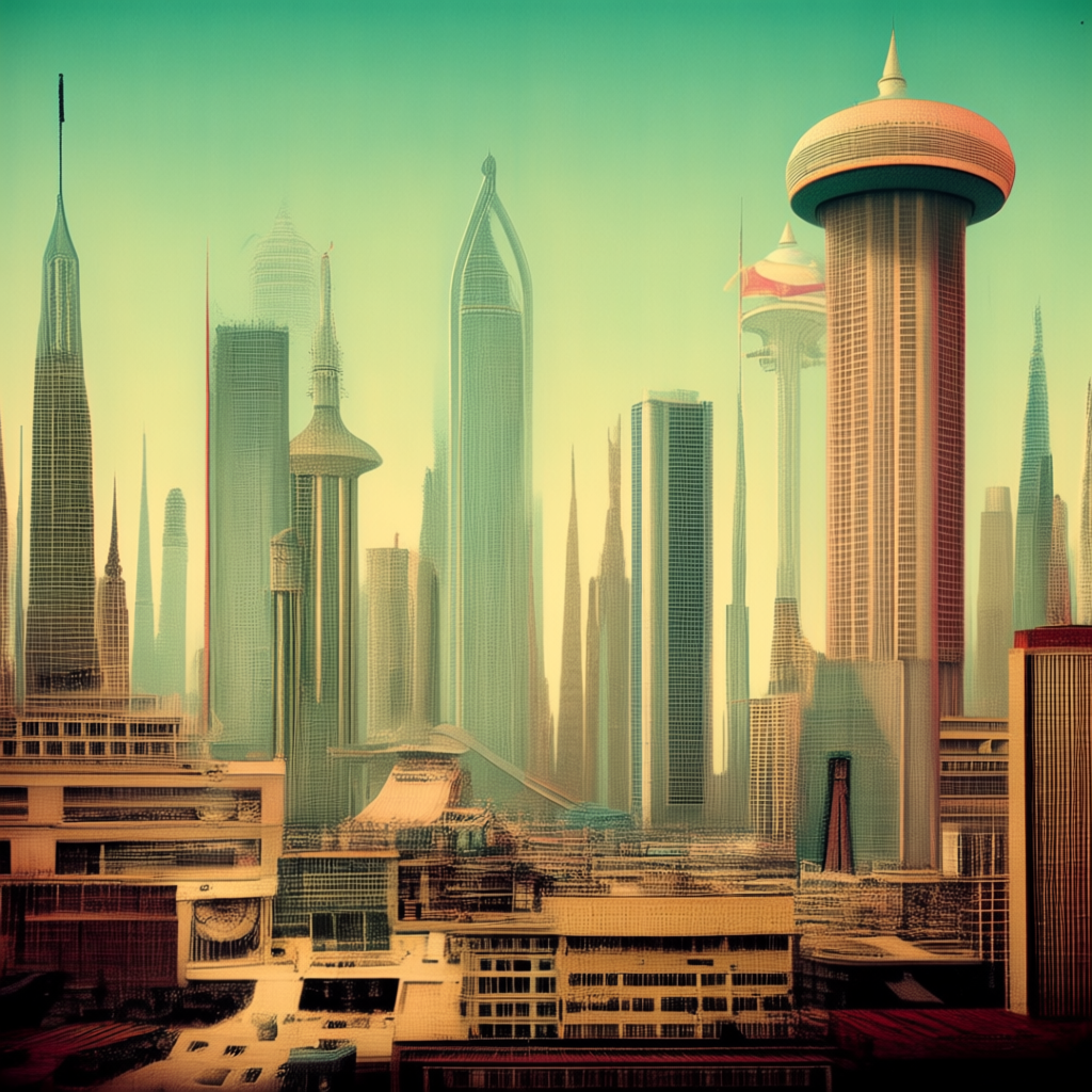 A cityscape rendered in nostalgic futurism — retro-futuristi