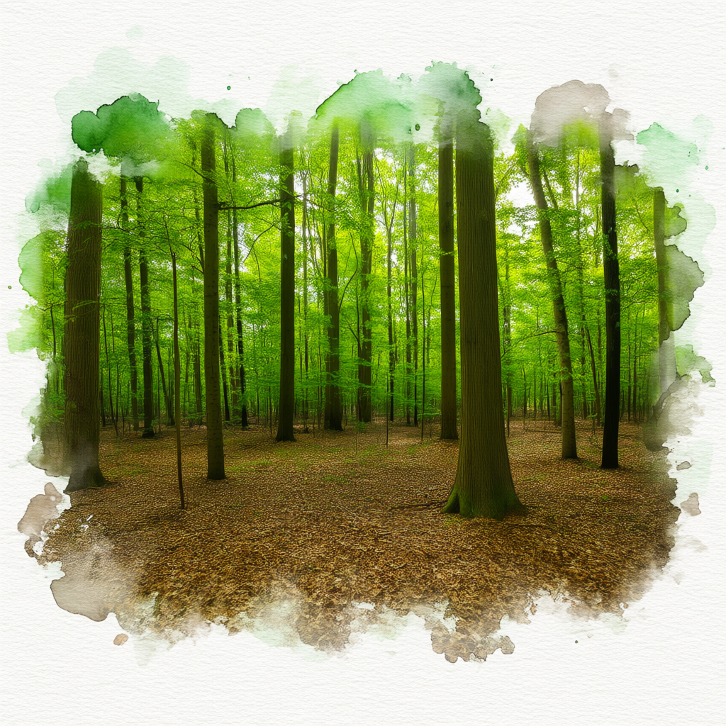A forest rendered in photorealistic watercolor — the detail 