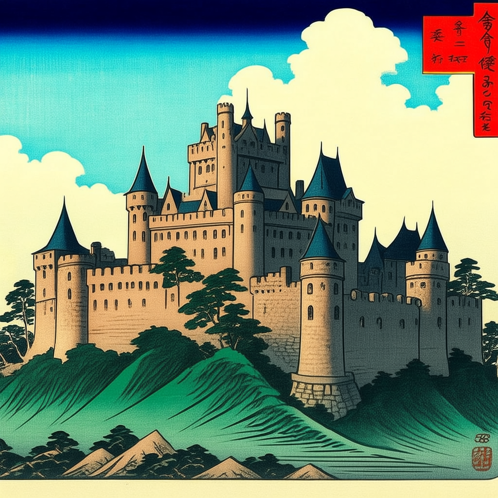 A medieval castle depicted in Japanese ukiyo-e woodblock pri