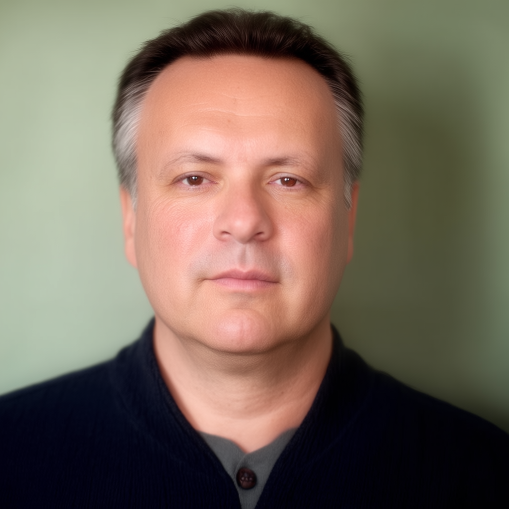 A portrait of a middle-aged man with a calm, serious express