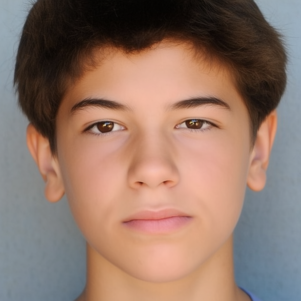 A headshot of a teenager with a relaxed, neutral face