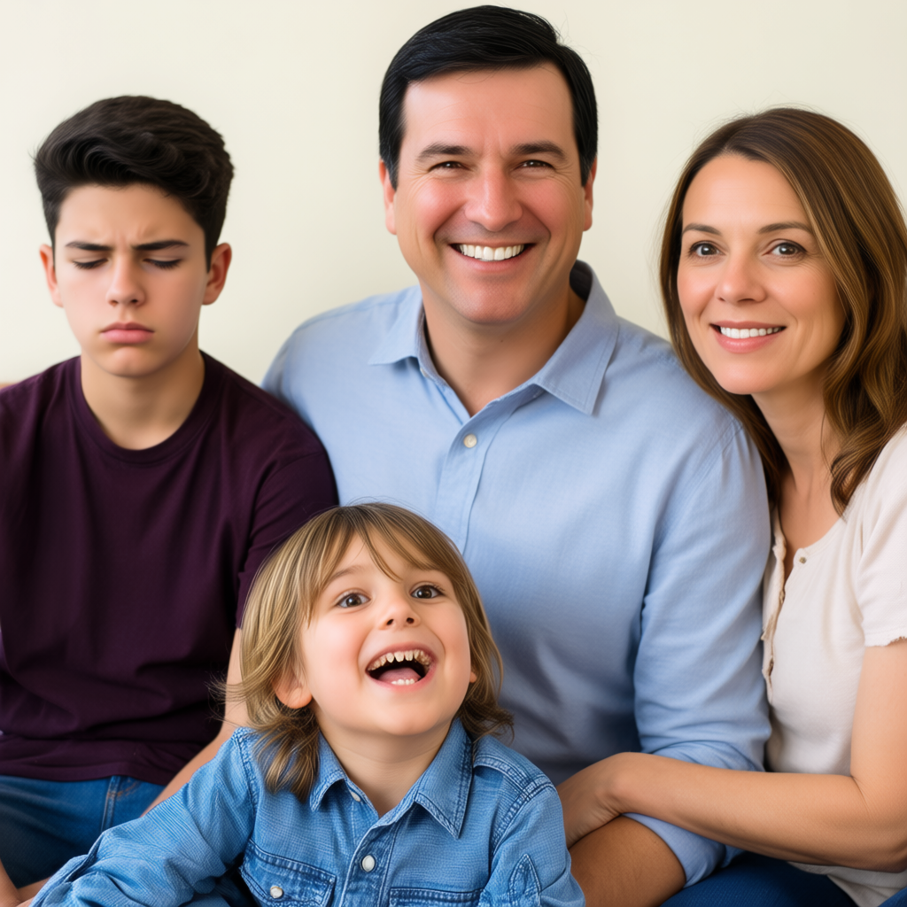 A family photo with four people: a father beaming with pride