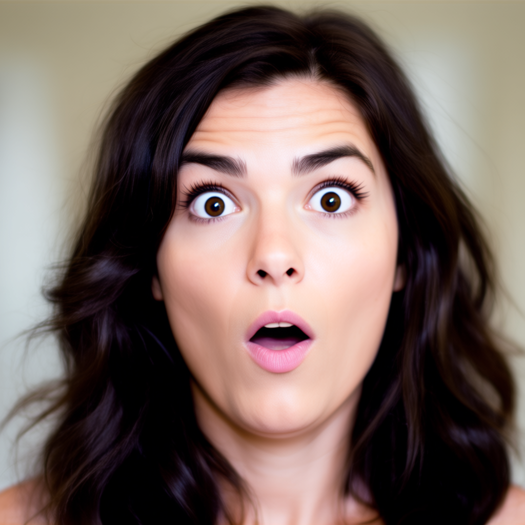 A portrait capturing genuine surprise — raised eyebrows, wid