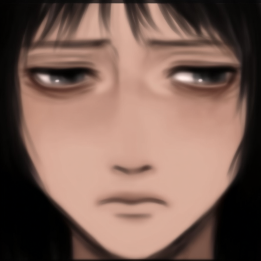 A face showing quiet melancholy — downcast eyes, slightly dr