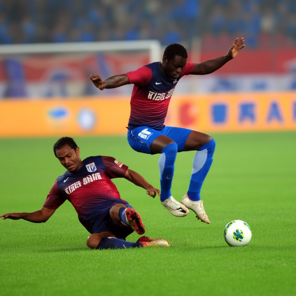 Two soccer players mid-tackle, one sliding and the other jum