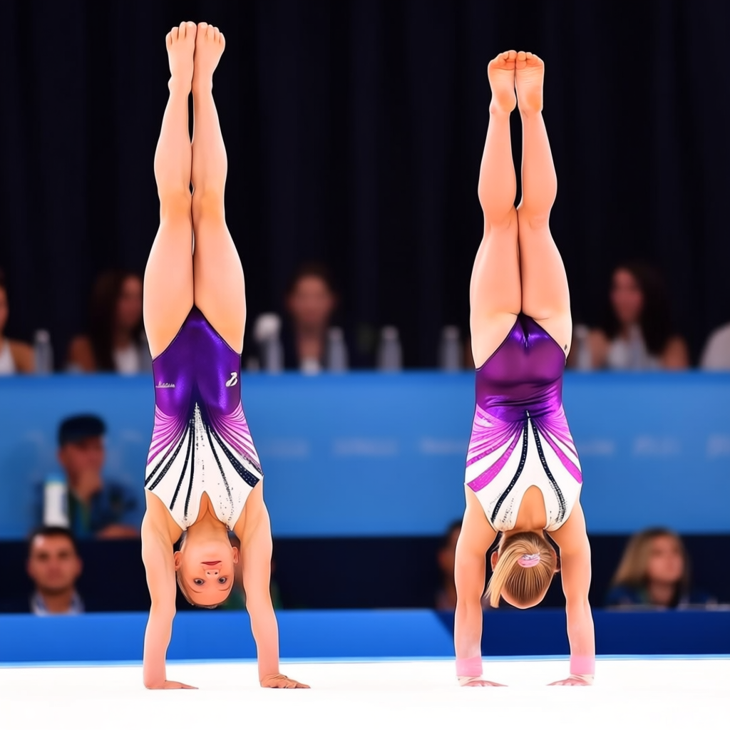 Two gymnasts performing a synchronized handstand, side by si