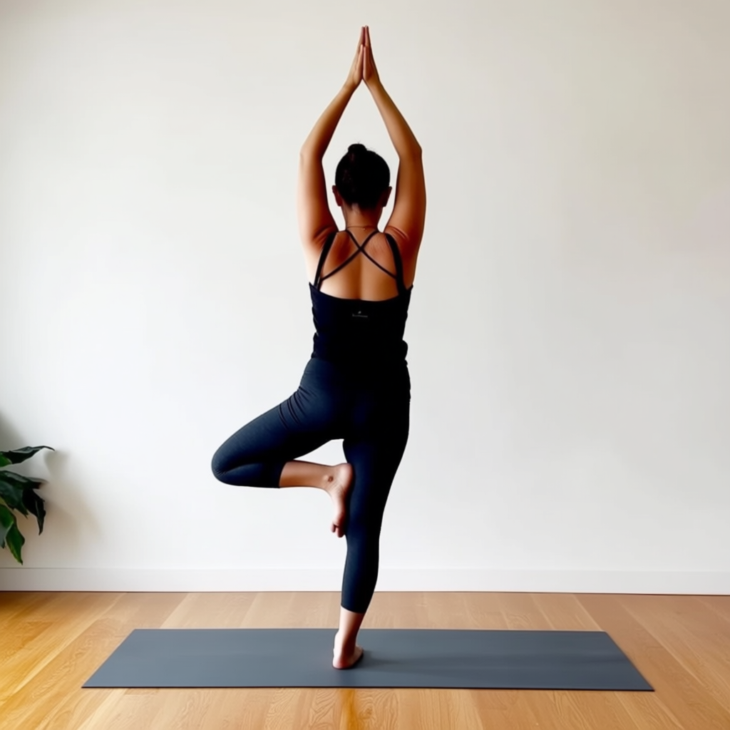 A person in a yoga tree pose — standing on one leg with the 