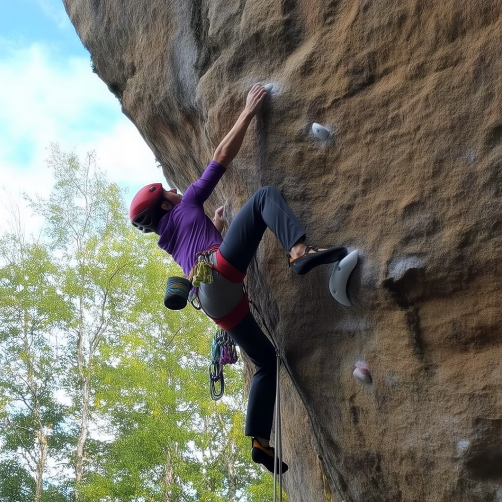 A rock climber clinging to a cliff face with arms and legs e