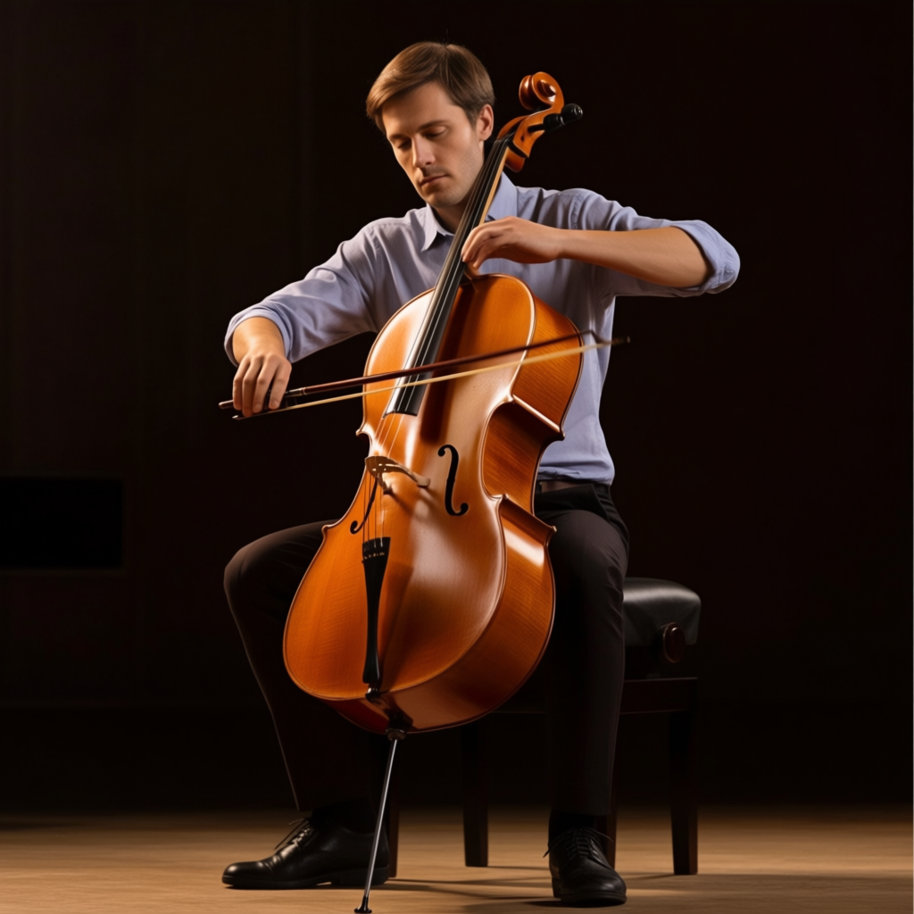 A cellist seated with correct posture, legs around the instr
