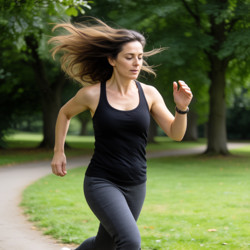 A woman mid-stride running through a park, hair and clothes 