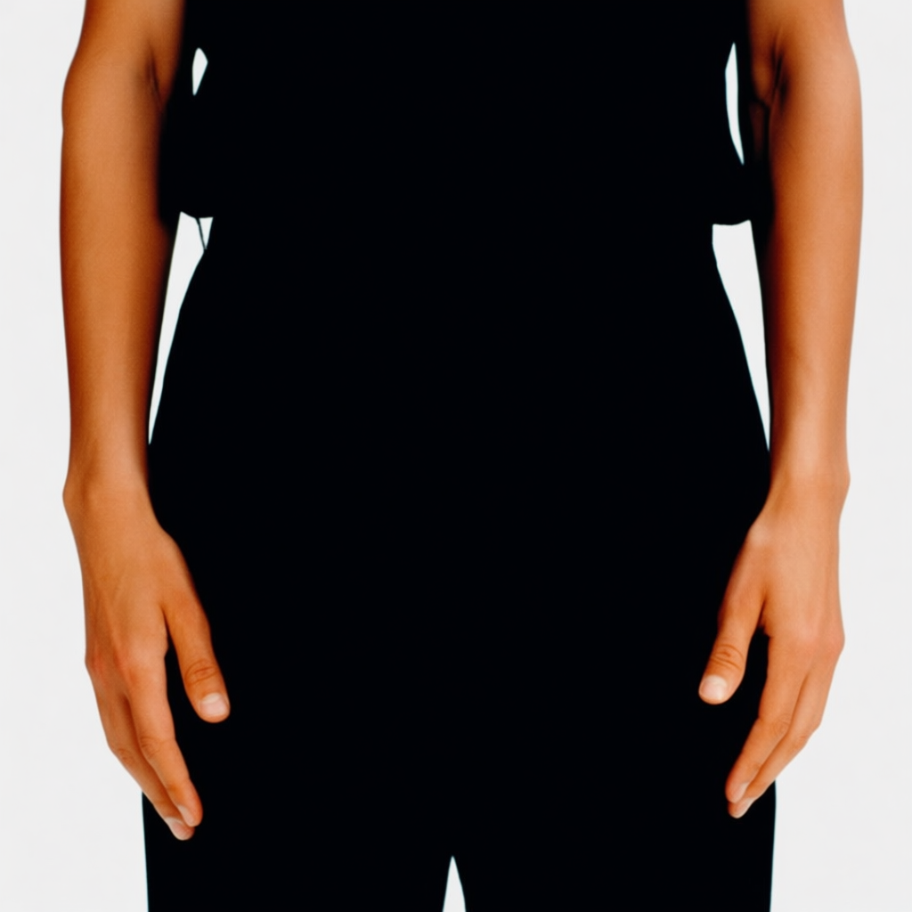A person standing with both hands visible at their sides, fi