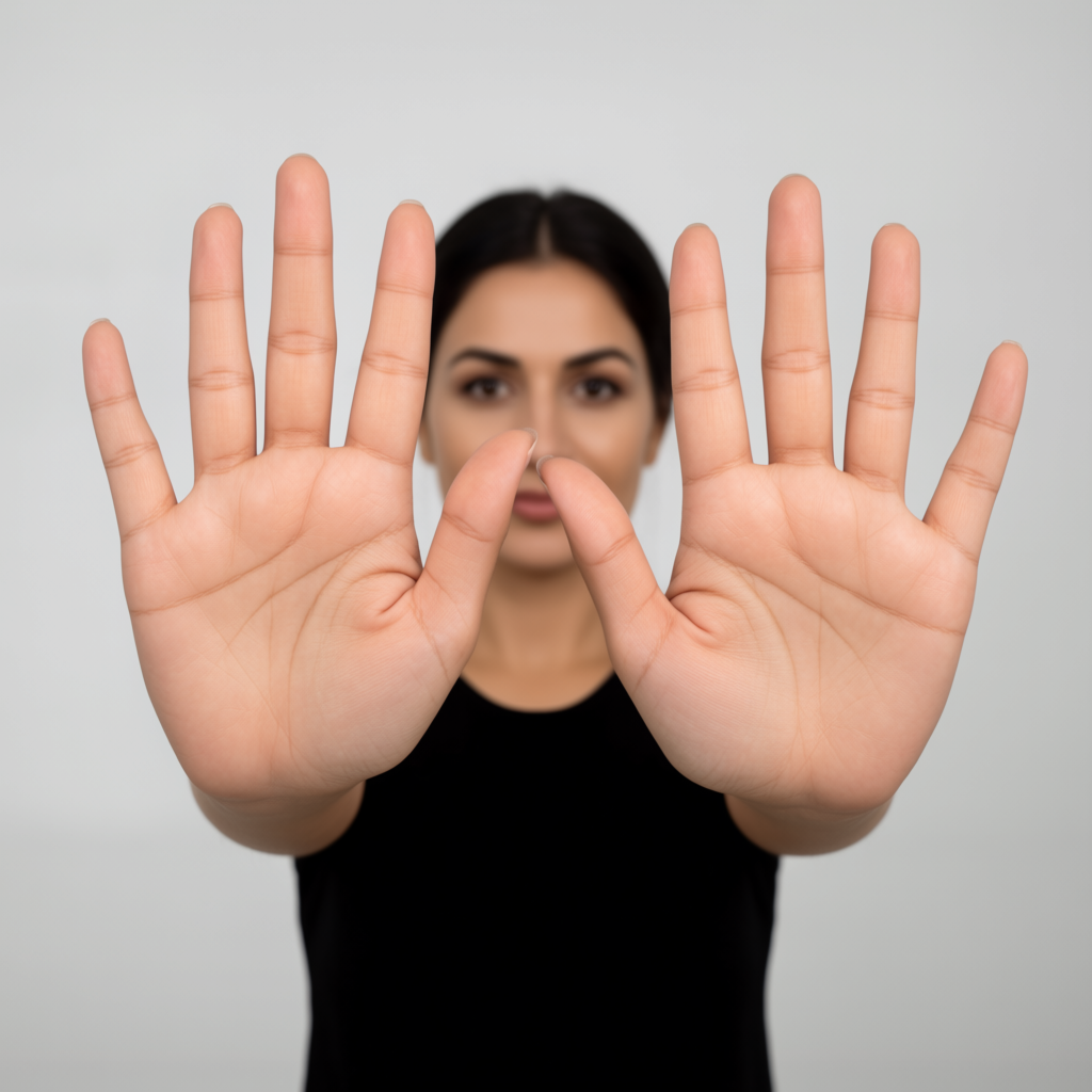 A woman holding her hands out in front of her palms-up, all 