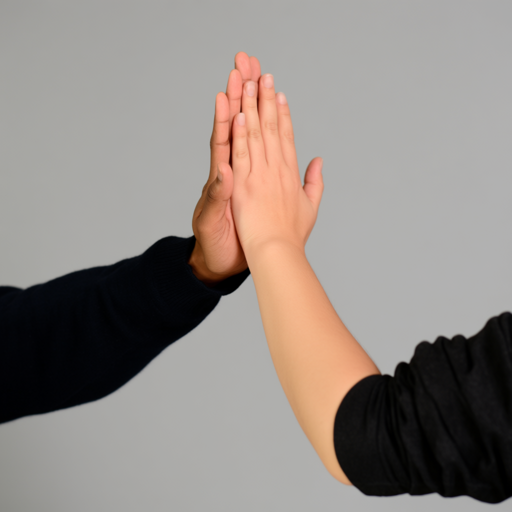 Two people doing a high-five, palms meeting with all fingers