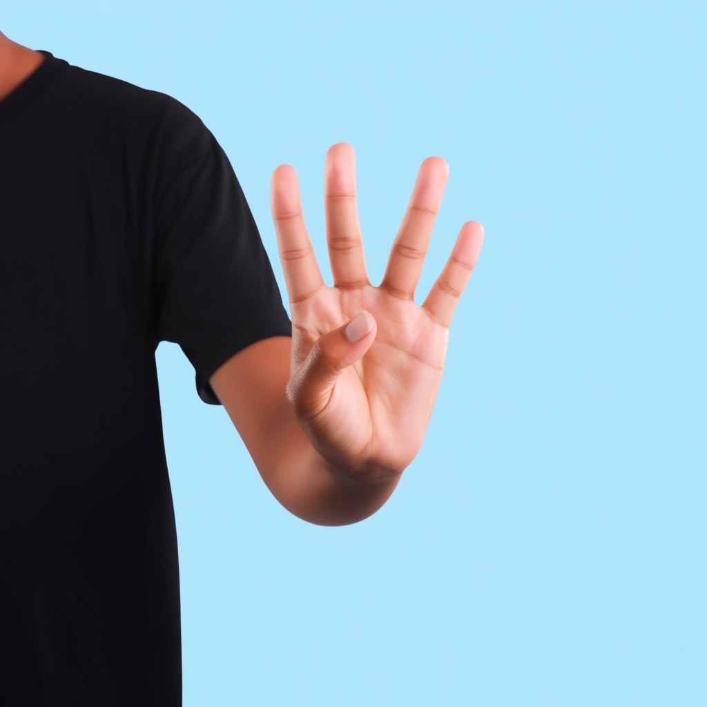 A person counting to three on their fingers, with index, mid