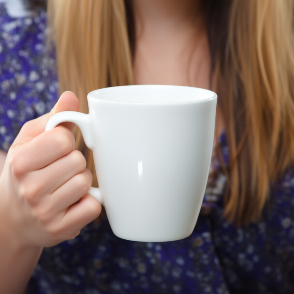 A person holding a white ceramic coffee mug by the handle wi