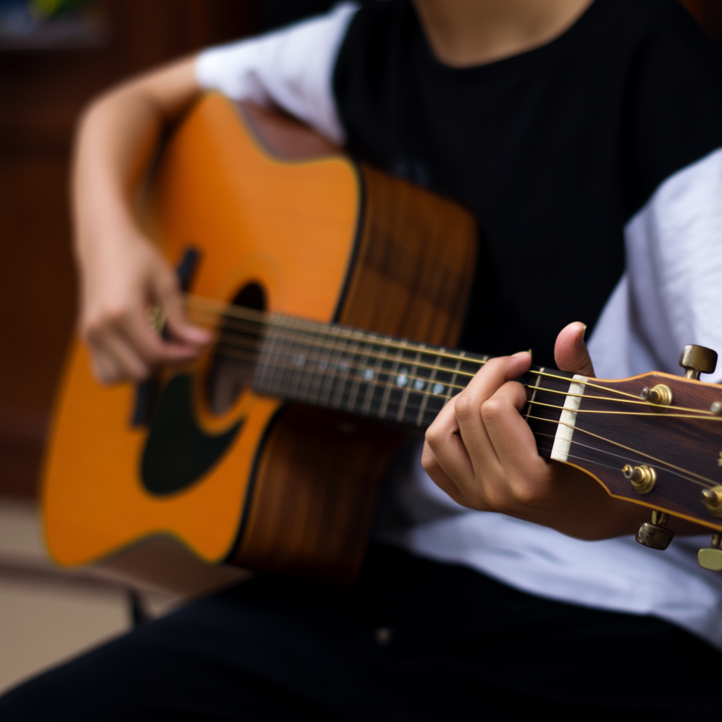 A person playing an acoustic guitar with left hand on the fr
