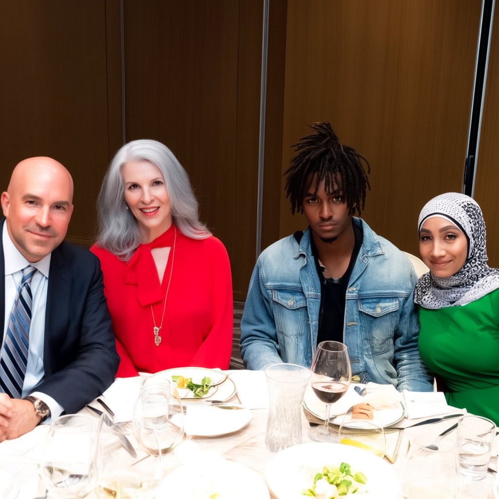 Four people at a dinner table: a bald man in a suit, a woman