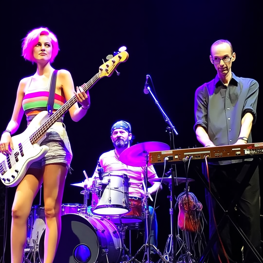 Three musicians on stage: a tall woman with short pink hair 