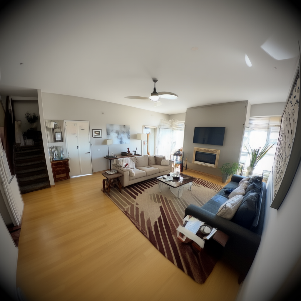 A wide-angle shot of a modern living room interior showing e