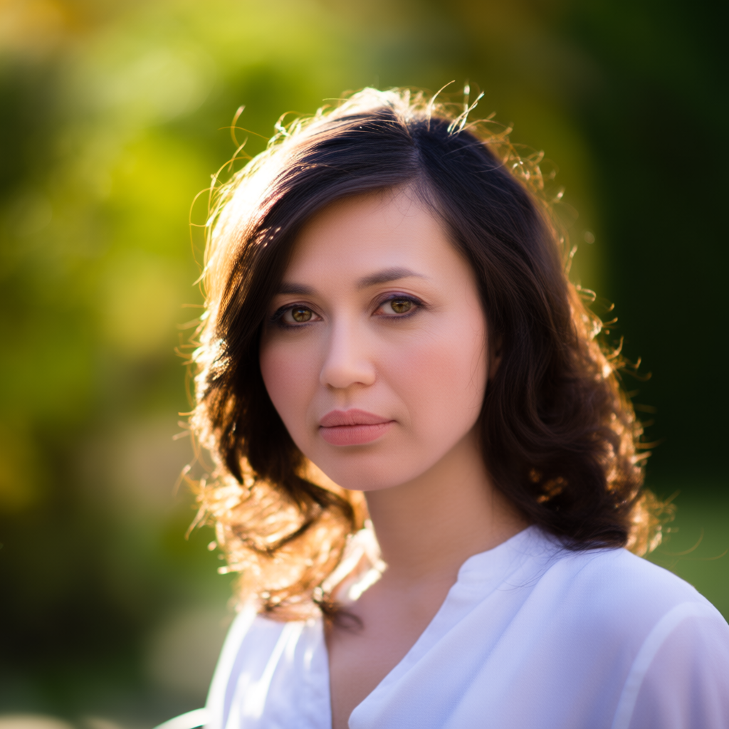 A portrait shot at 85mm f/1.4 with creamy bokeh background, 