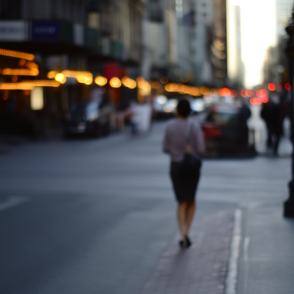 A street photograph with shallow depth of field as if shot a