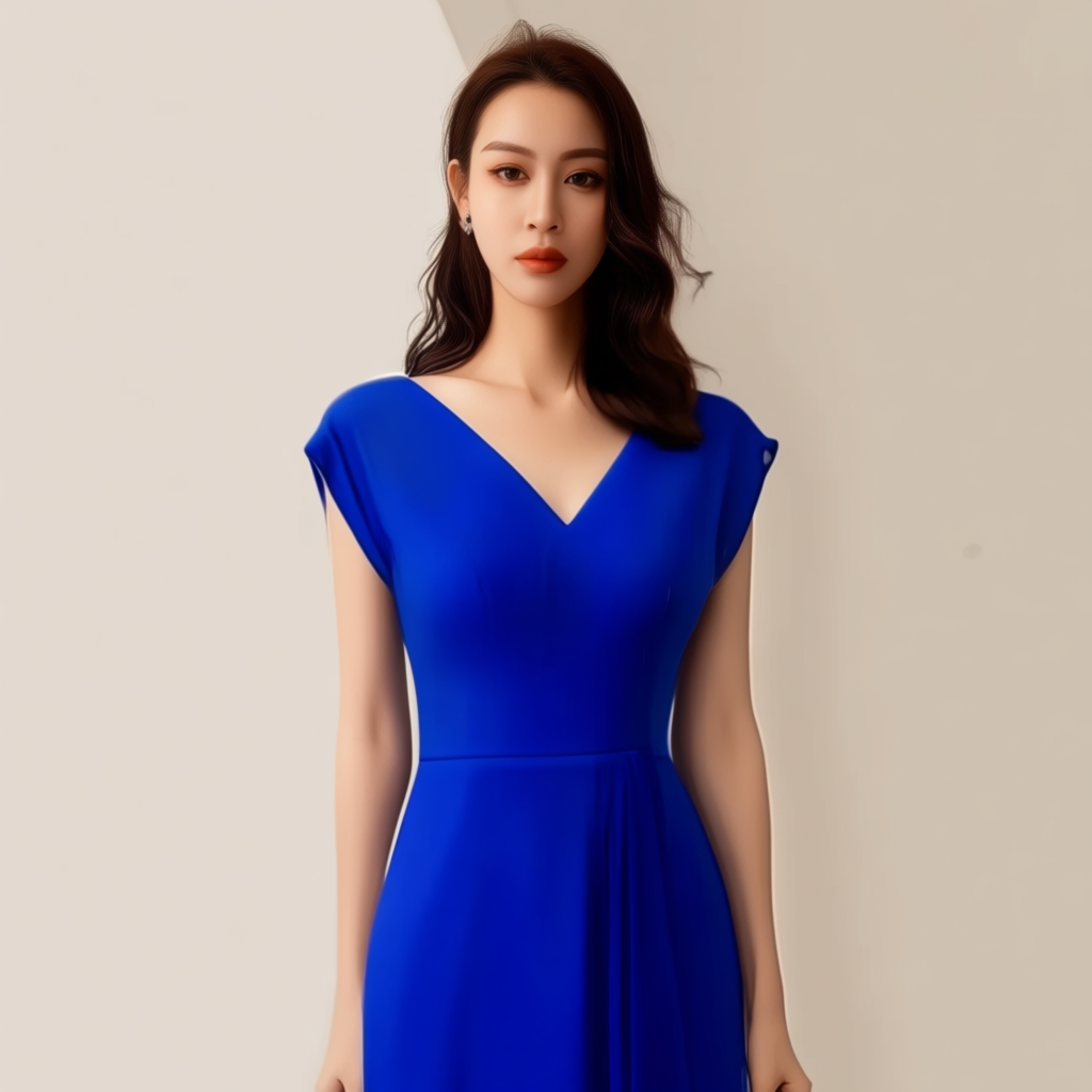 A woman wearing a royal blue evening dress against a neutral