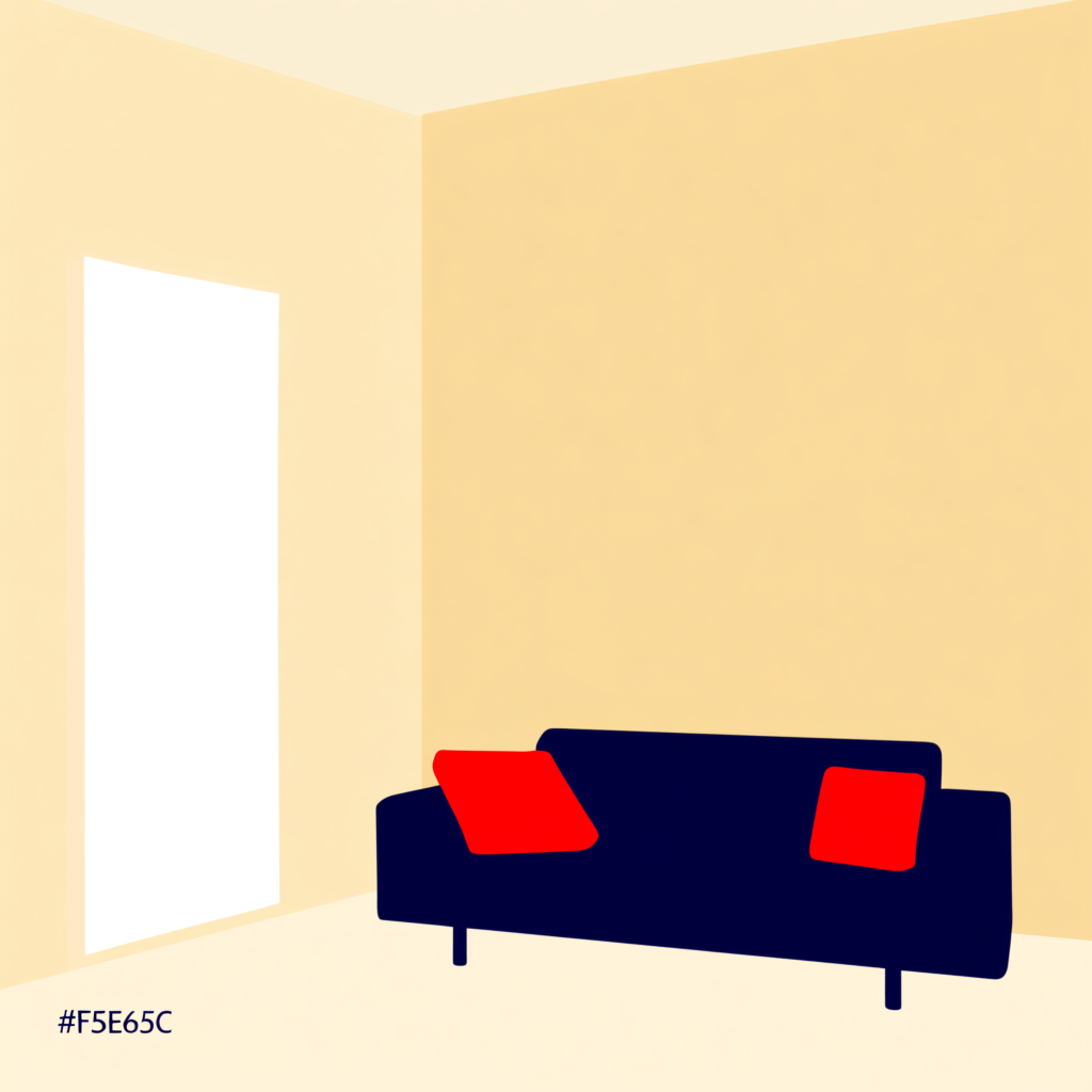 A minimalist room with walls in #F5E6CC (warm cream), a sofa