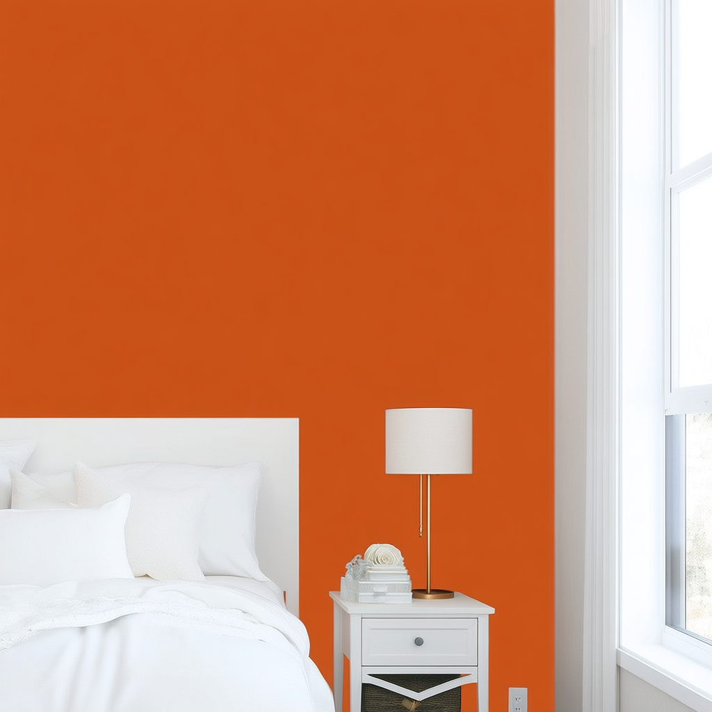 A bedroom wall painted in #FF6B35 (burnt orange) with white 