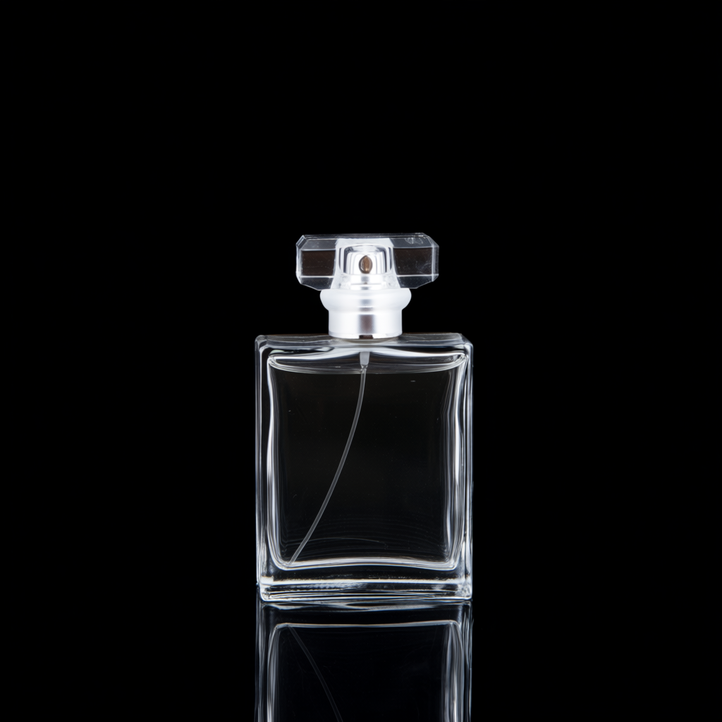 A clear glass perfume bottle on a reflective black surface w