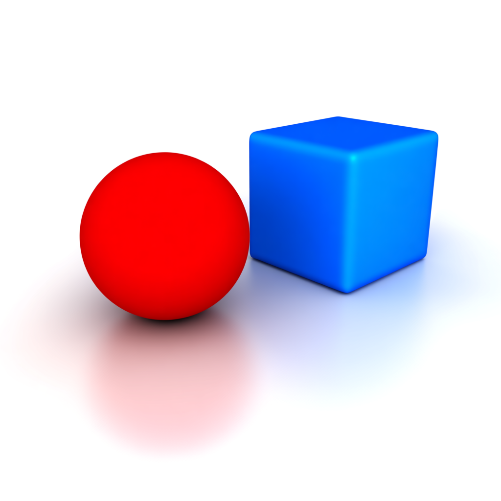 A red ball and a blue cube sitting side by side on a white s