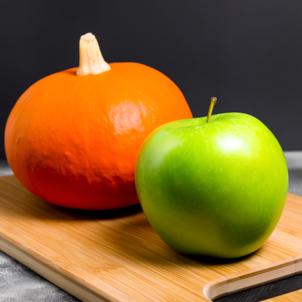 A green apple and an orange pumpkin on a wooden cutting boar