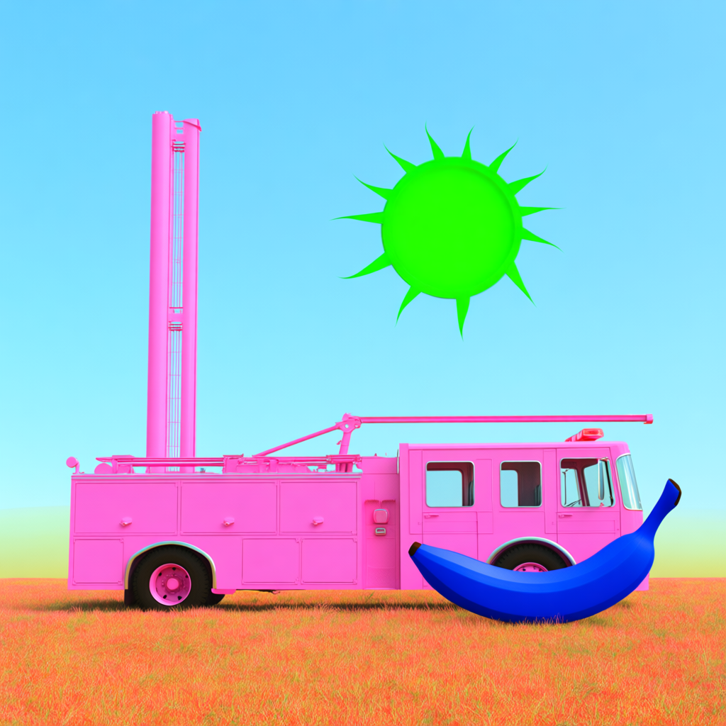 A pink fire truck, a blue banana, and a green sun in a surre