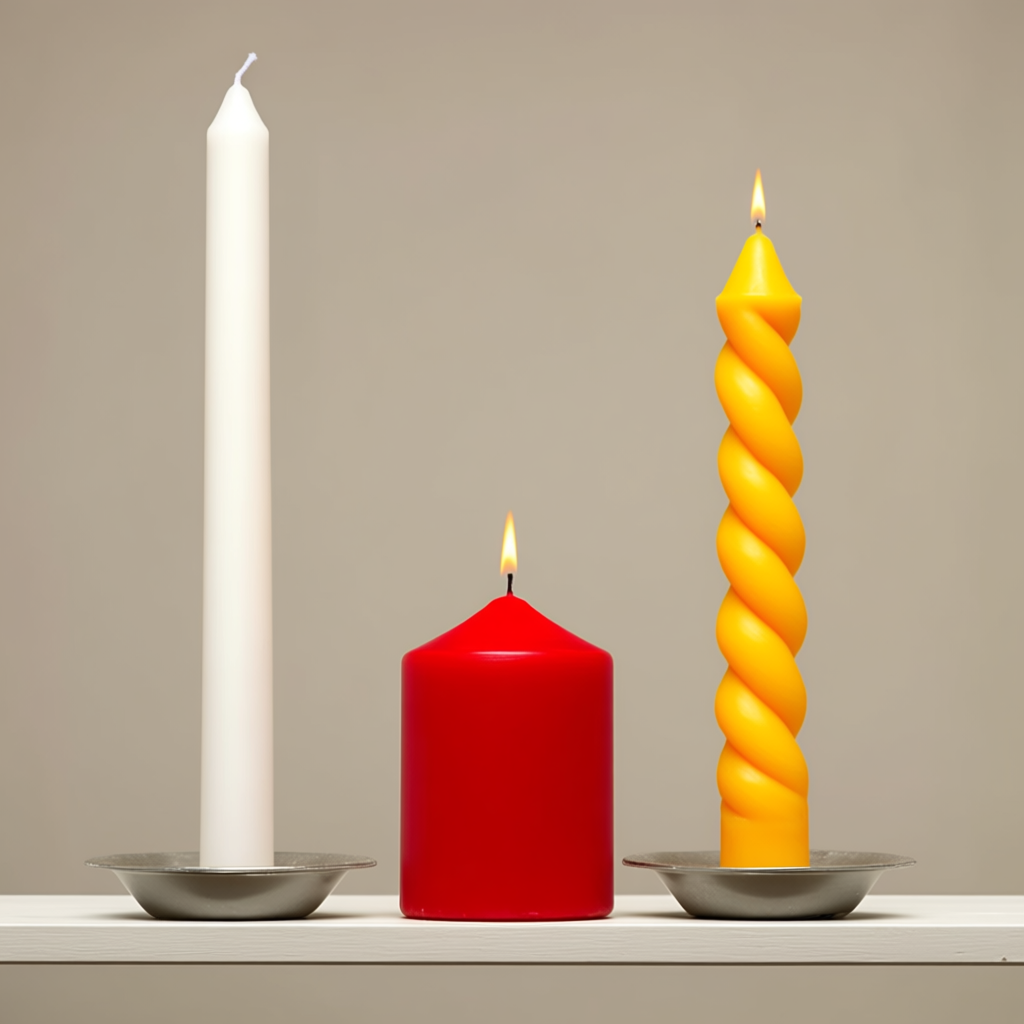 A tall thin white candle, a short fat red candle, and a medi