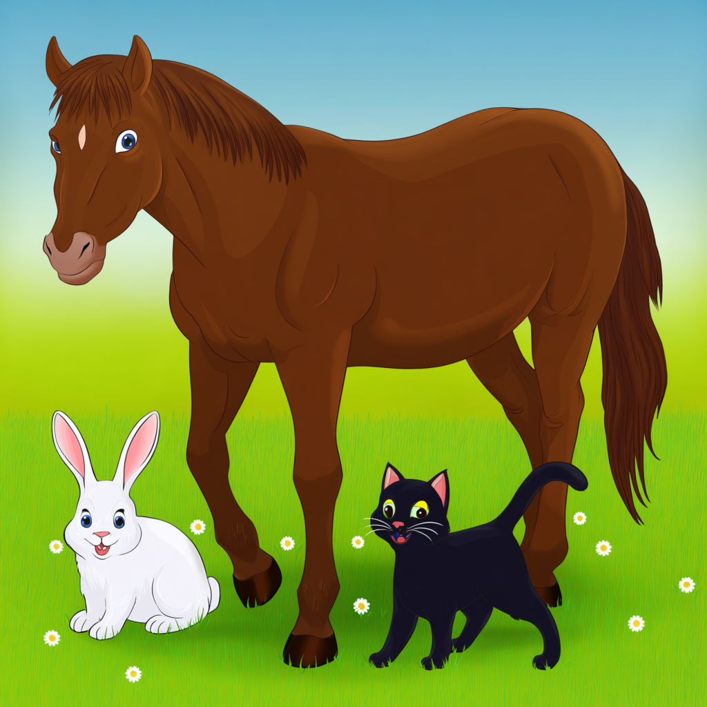 A big brown horse, a small white rabbit, and a medium-sized 