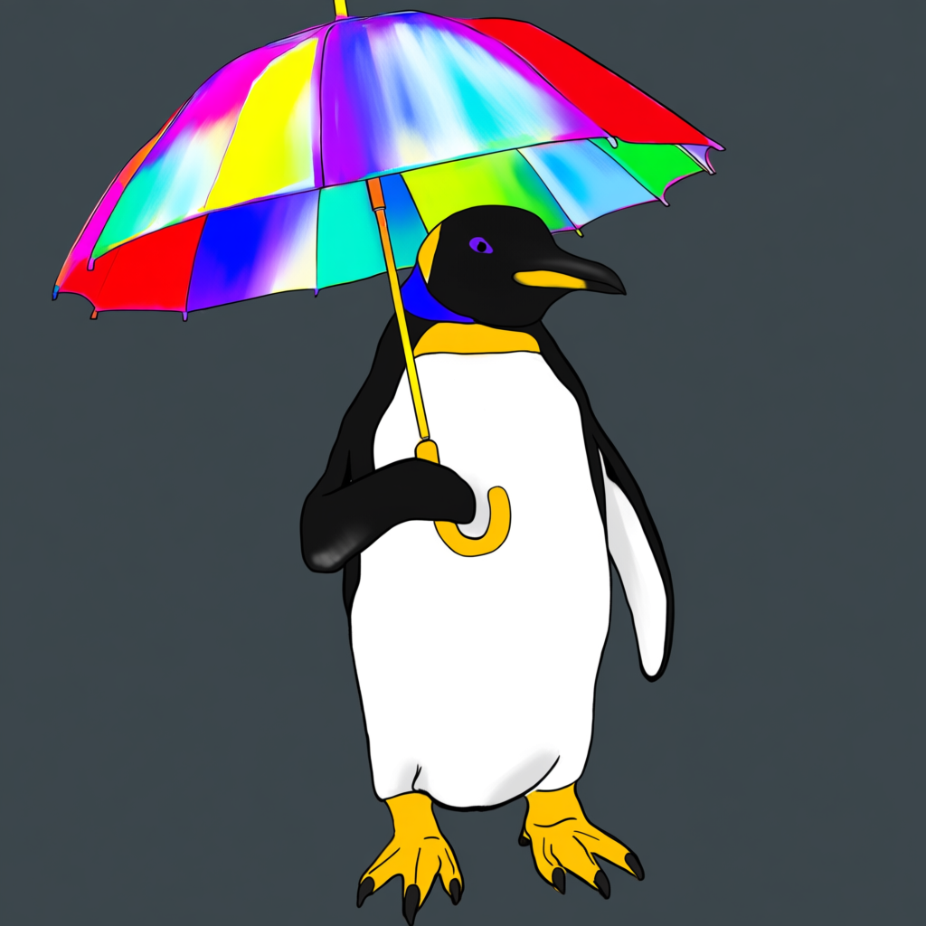 A penguin holding a colorful umbrella